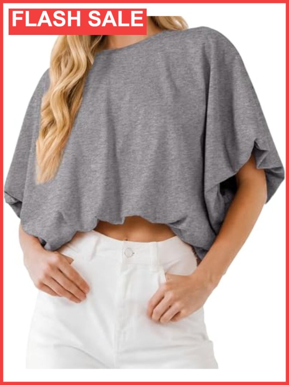 Bubble Hem Crop Top Short Sleeve Crewneck Loose Fit Casual Tee